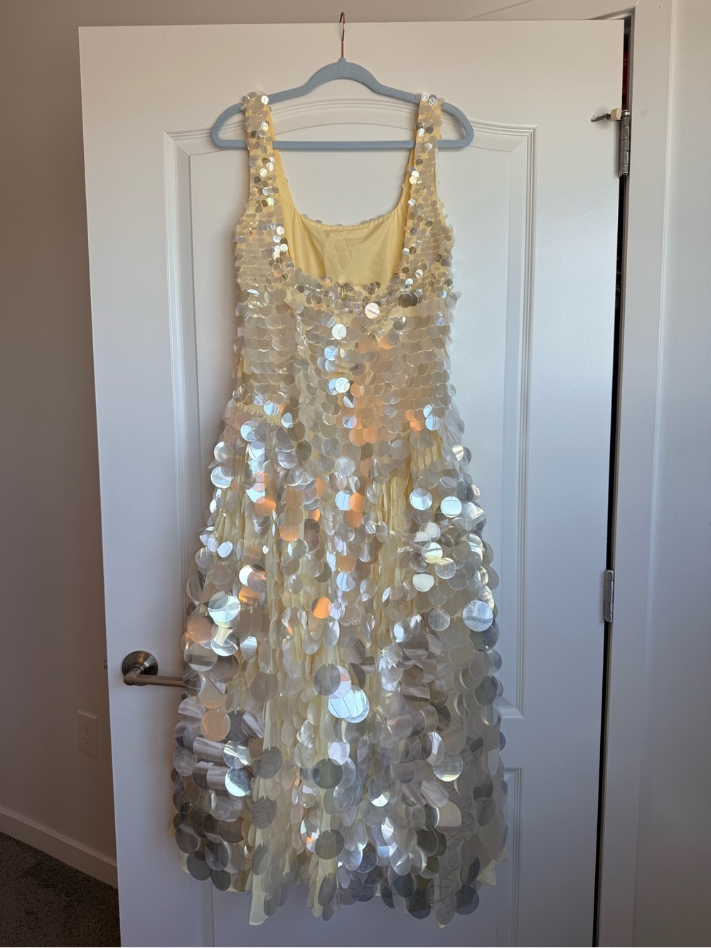 ASOS Arrange embellished disc sequin square neck full skirt midi dress in lemon - Picture 2 of 4